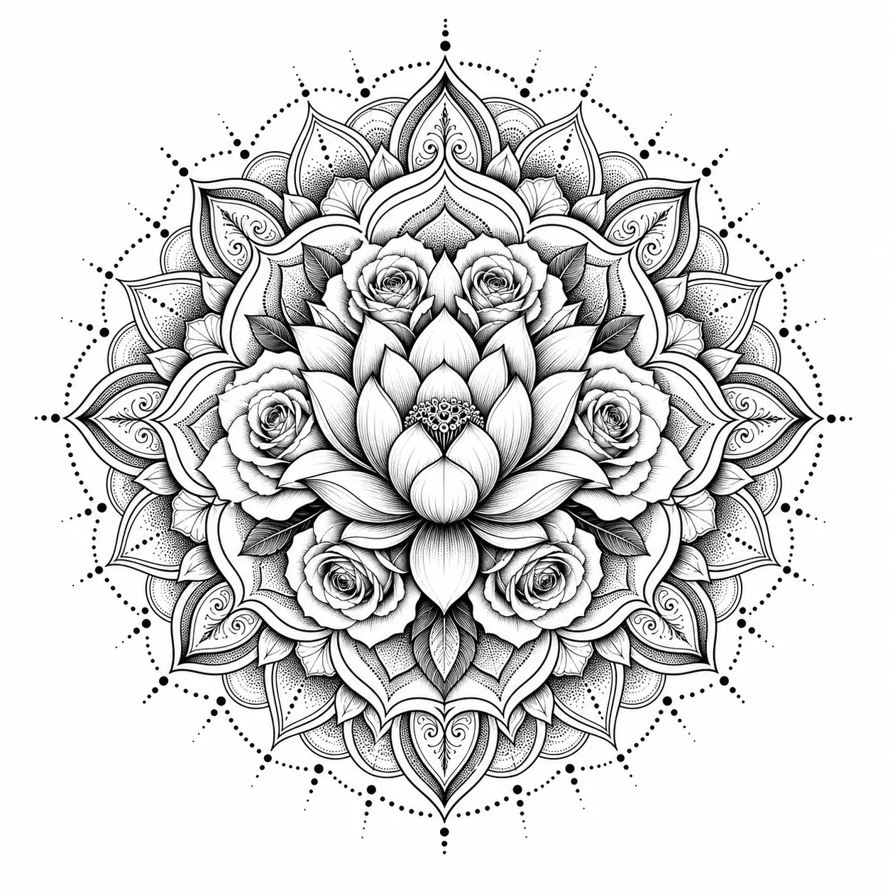 Blumen-Mandala-Tattoo: Motive – Tattoo-Design mit KI erstellt